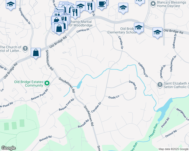 map of restaurants, bars, coffee shops, grocery stores, and more near 12594 Cricket Lane in Woodbridge