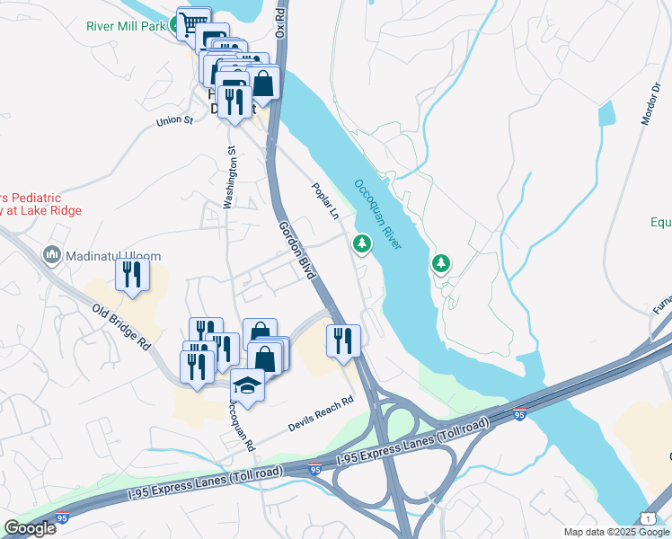 map of restaurants, bars, coffee shops, grocery stores, and more near 12709 Gordon Boulevard in Woodbridge