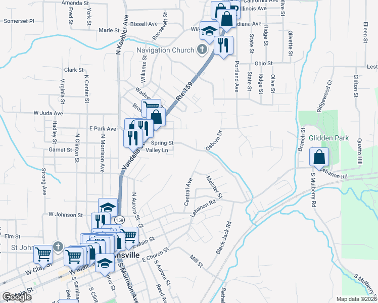 map of restaurants, bars, coffee shops, grocery stores, and more near 512 Spring Street in Collinsville