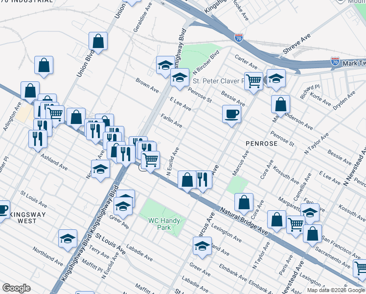 map of restaurants, bars, coffee shops, grocery stores, and more near 3949 North Euclid Avenue in St. Louis