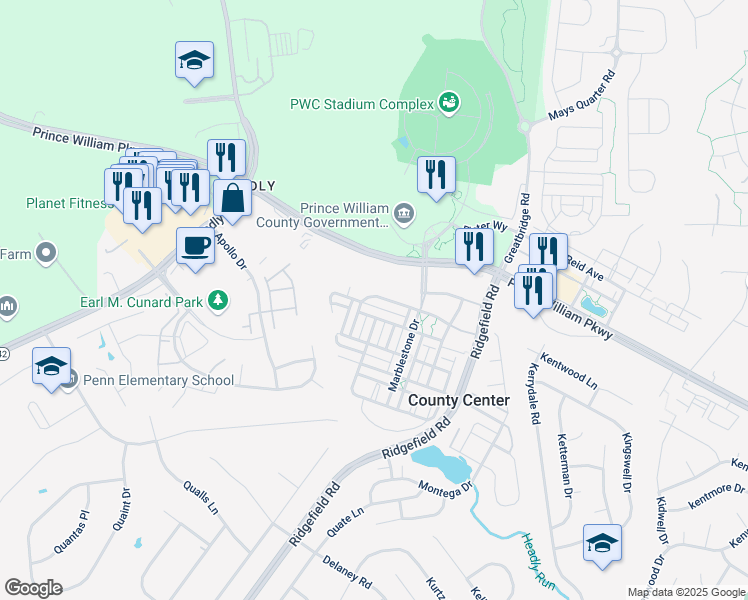 map of restaurants, bars, coffee shops, grocery stores, and more near 4837 Cavallo Way in Woodbridge