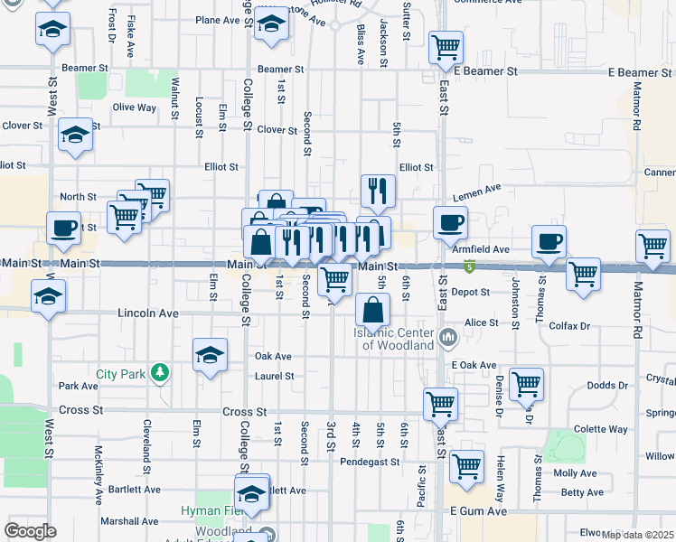 map of restaurants, bars, coffee shops, grocery stores, and more near 812 Main Street in Woodland