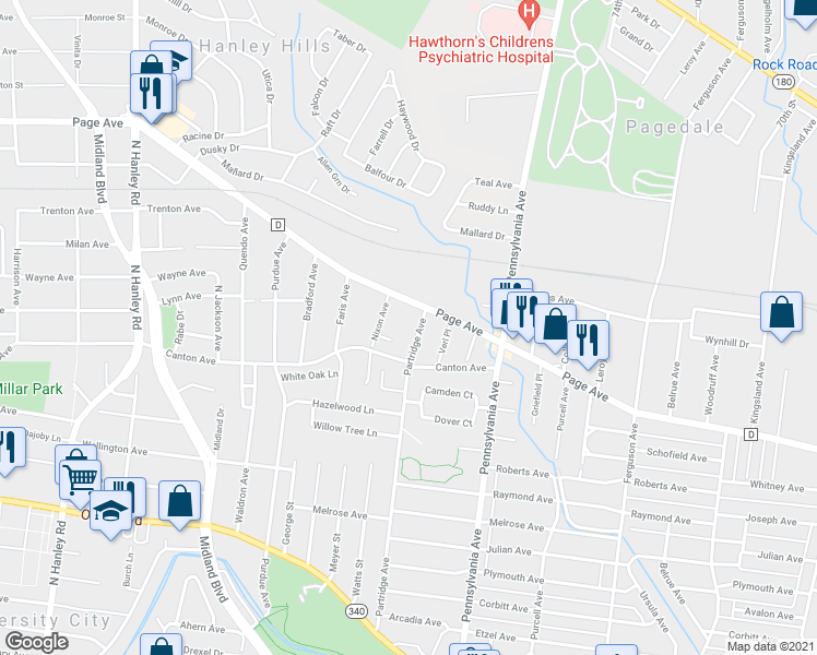 map of restaurants, bars, coffee shops, grocery stores, and more near 7400 Page Avenue in St. Louis