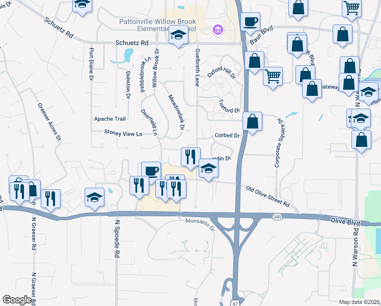 map of restaurants, bars, coffee shops, grocery stores, and more near 10421 Briarbend Drive in St. Louis