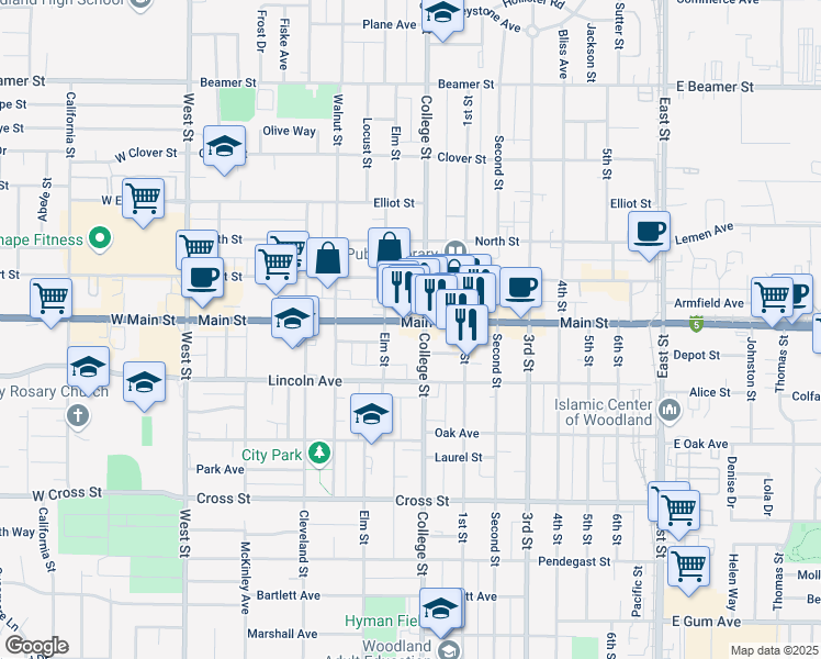map of restaurants, bars, coffee shops, grocery stores, and more near in Woodland