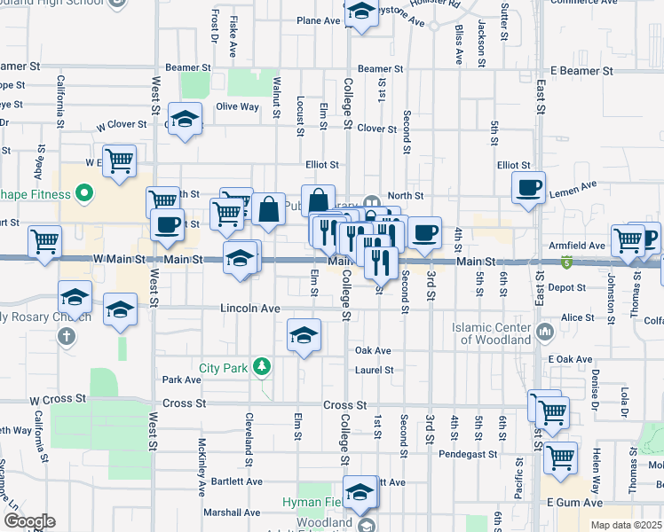 map of restaurants, bars, coffee shops, grocery stores, and more near in Woodland