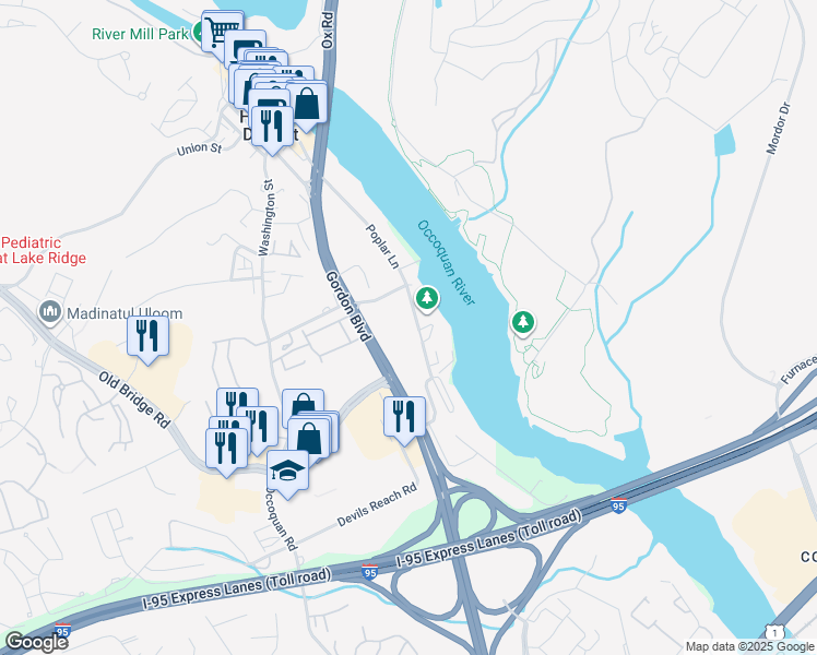 map of restaurants, bars, coffee shops, grocery stores, and more near 12717 Gordon Boulevard in Woodbridge