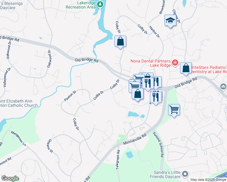 map of restaurants, bars, coffee shops, grocery stores, and more near 12703 Torrington Street in Woodbridge