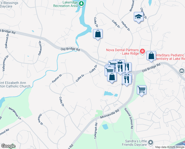 map of restaurants, bars, coffee shops, grocery stores, and more near 12703 Torrington Street in Woodbridge