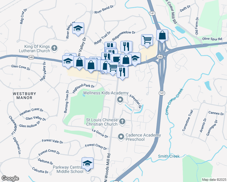 map of restaurants, bars, coffee shops, grocery stores, and more near 601 Broadmoor Drive in Chesterfield