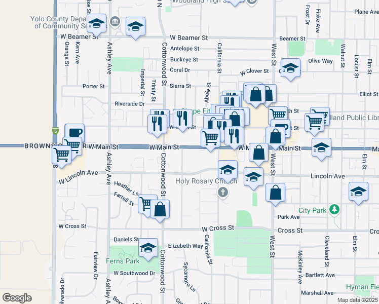 map of restaurants, bars, coffee shops, grocery stores, and more near 151 West Main Street in Woodland