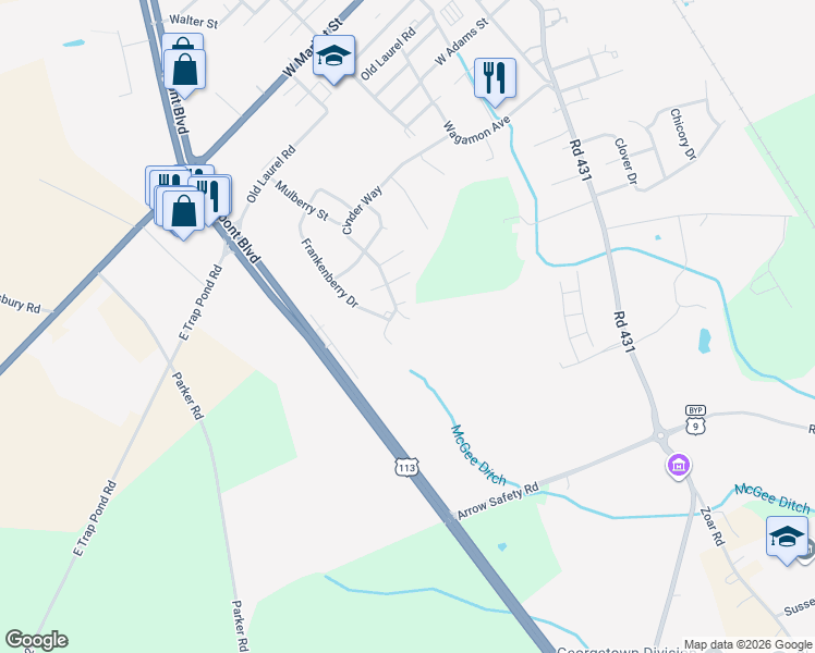 map of restaurants, bars, coffee shops, grocery stores, and more near 74 Cinder Way in Georgetown