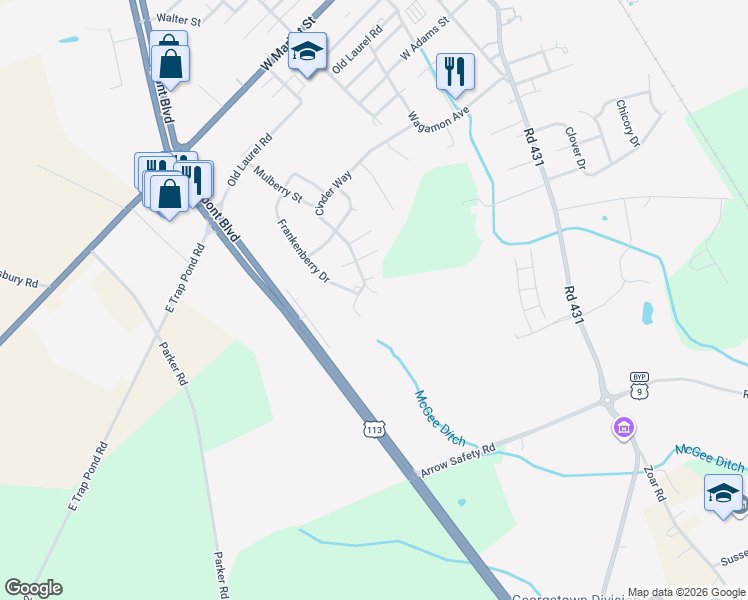 map of restaurants, bars, coffee shops, grocery stores, and more near 74 Cinder Way in Georgetown