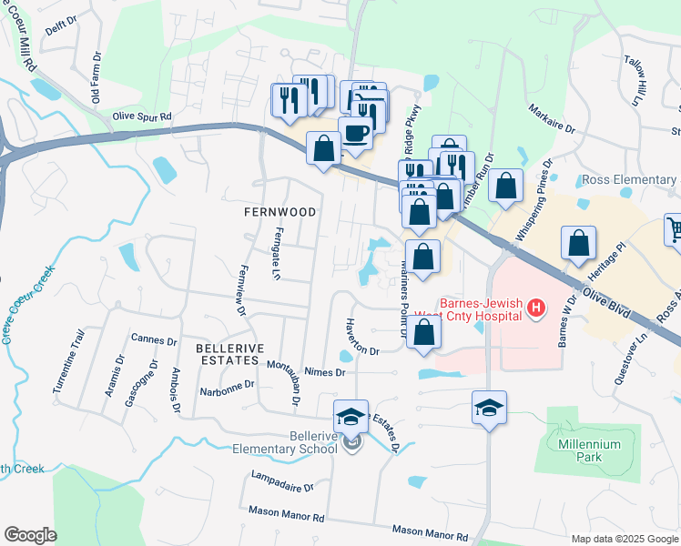 map of restaurants, bars, coffee shops, grocery stores, and more near 982 Somerfor Place in Creve Coeur