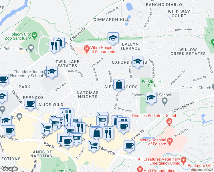 map of restaurants, bars, coffee shops, grocery stores, and more near 114 Sierra Woods Circle in Folsom
