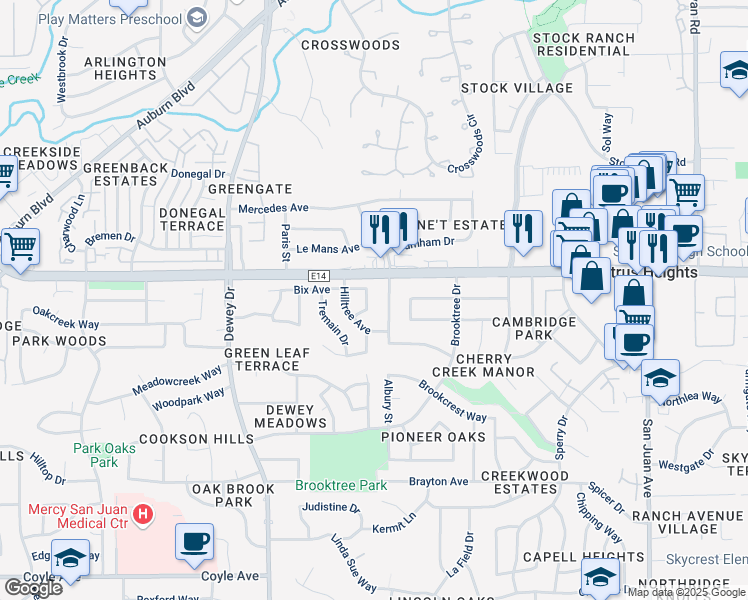 map of restaurants, bars, coffee shops, grocery stores, and more near 6813 Brookhaven Way in Citrus Heights