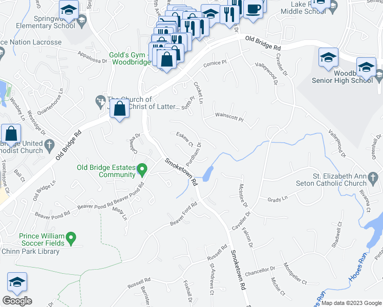 map of restaurants, bars, coffee shops, grocery stores, and more near 3542 Hummock Place in Woodbridge