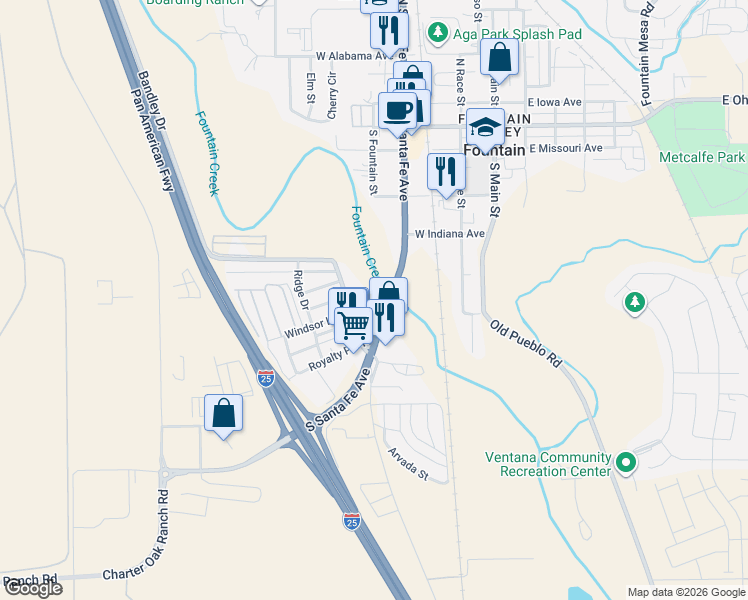 map of restaurants, bars, coffee shops, grocery stores, and more near 12 Sunnyland Loop Lane in Fountain