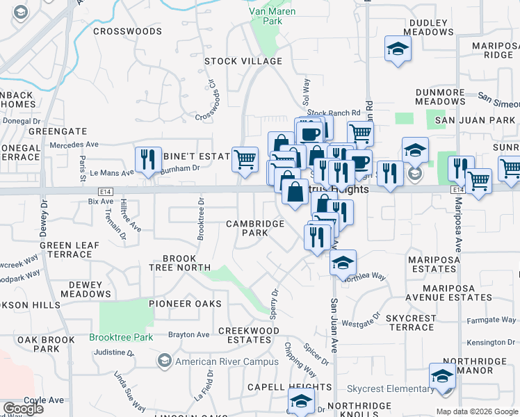 map of restaurants, bars, coffee shops, grocery stores, and more near 6131 Terrell Drive in Citrus Heights