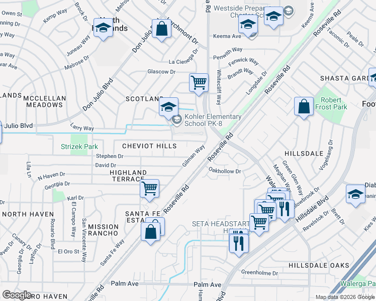map of restaurants, bars, coffee shops, grocery stores, and more near 6113 Gilman Way in North Highlands