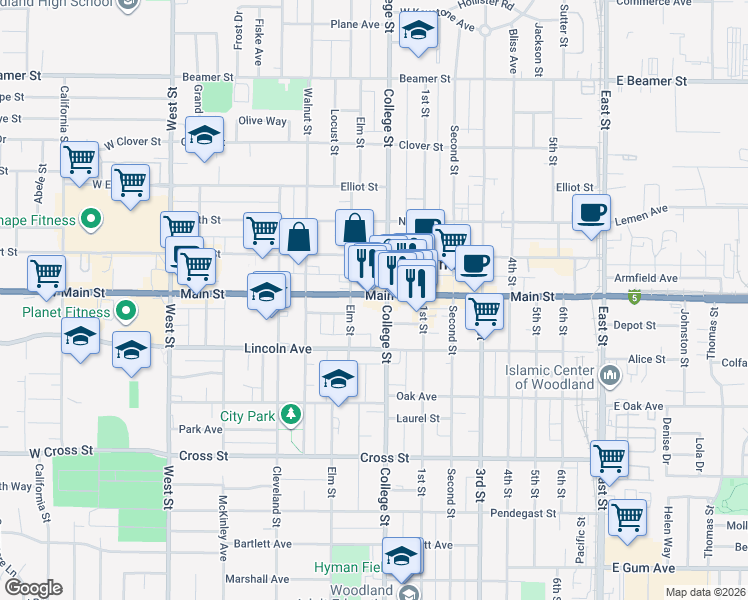 map of restaurants, bars, coffee shops, grocery stores, and more near in Woodland