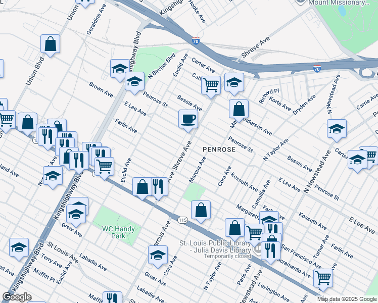 map of restaurants, bars, coffee shops, grocery stores, and more near 4052 Shreve Avenue in St. Louis