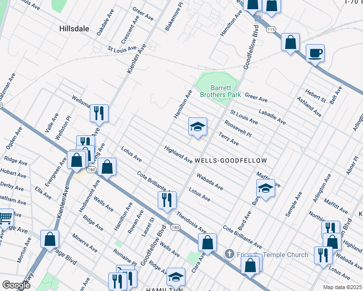 map of restaurants, bars, coffee shops, grocery stores, and more near 5841 Kennerly Avenue in St. Louis