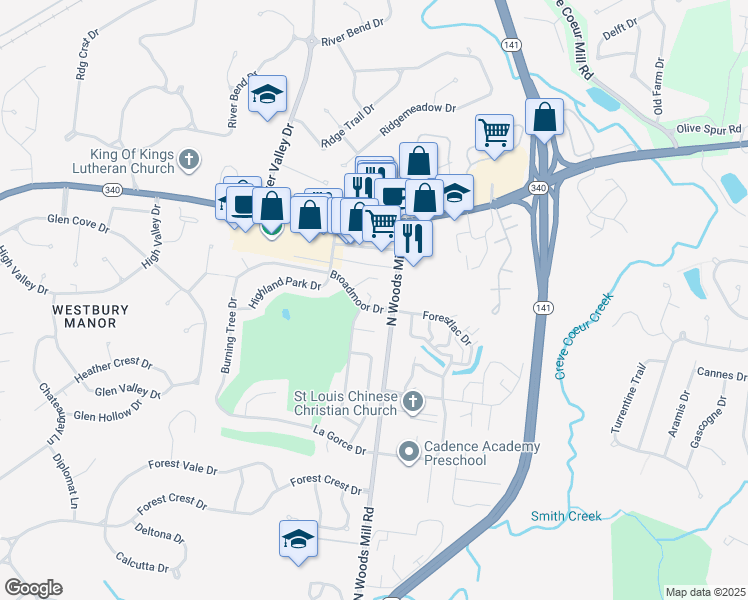 map of restaurants, bars, coffee shops, grocery stores, and more near 603 Broadmoor Drive in Chesterfield