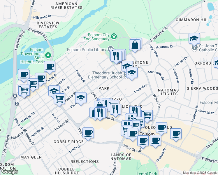 map of restaurants, bars, coffee shops, grocery stores, and more near 214 Dean Way in Folsom