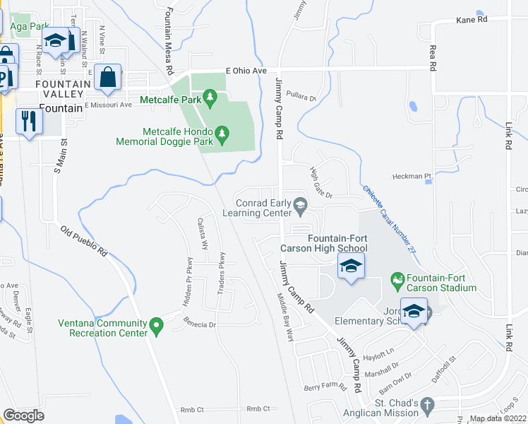 map of restaurants, bars, coffee shops, grocery stores, and more near 10569 Wells Point in Fountain