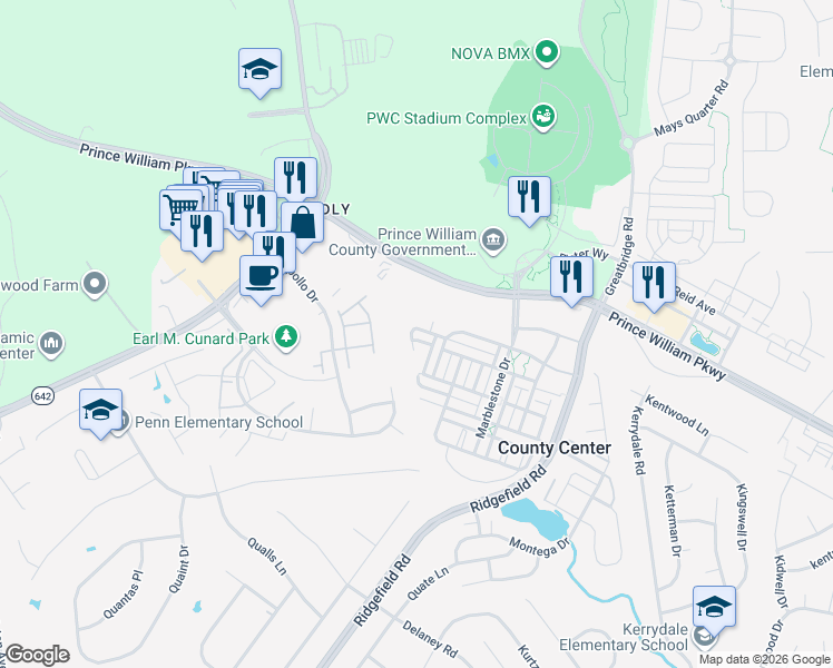 map of restaurants, bars, coffee shops, grocery stores, and more near 4919 Chaste Tree Place in Woodbridge