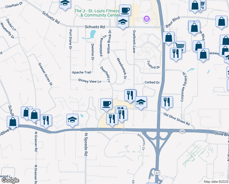 map of restaurants, bars, coffee shops, grocery stores, and more near 10460 Willowdale Drive in St. Louis