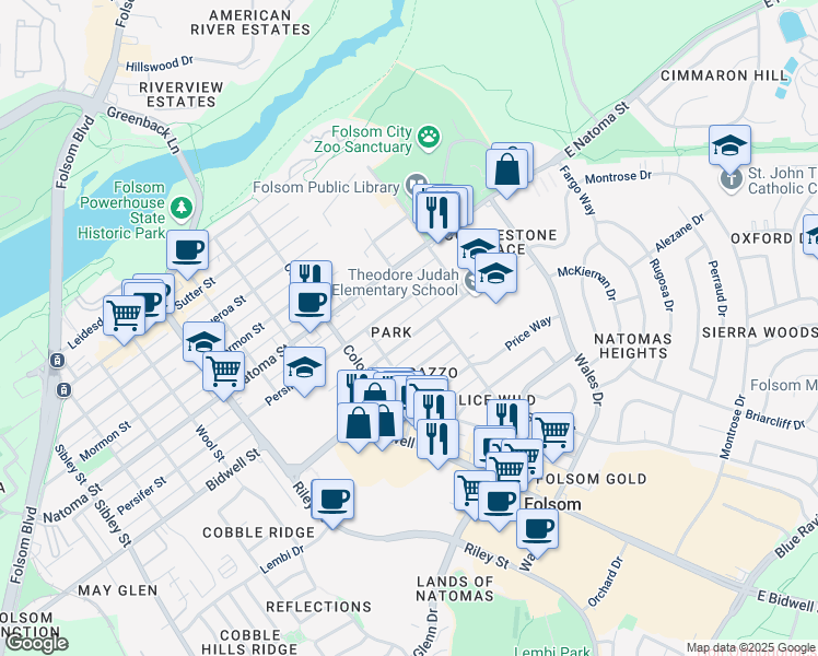 map of restaurants, bars, coffee shops, grocery stores, and more near 214 Dean Way in Folsom