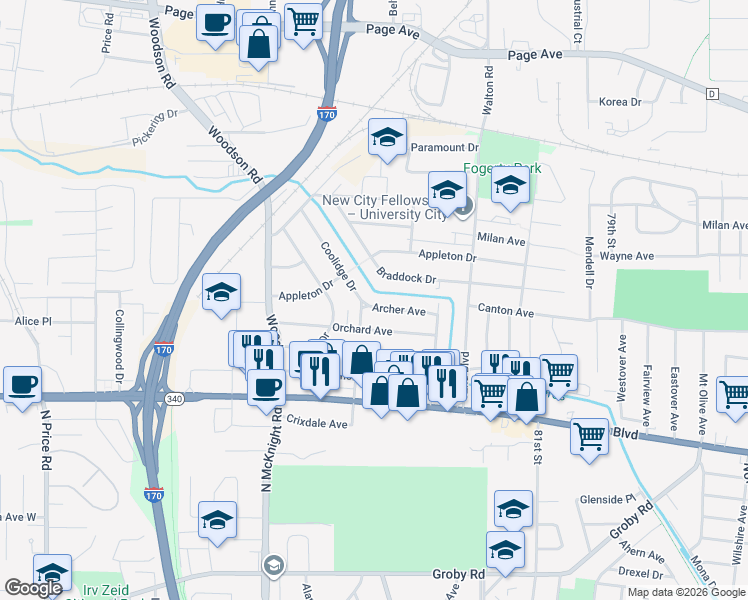 map of restaurants, bars, coffee shops, grocery stores, and more near 8365 Archer Avenue in St. Louis