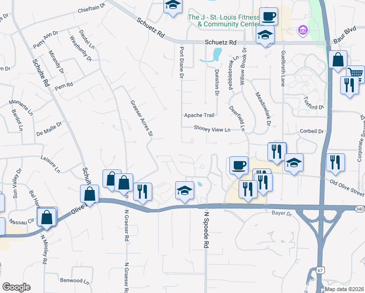 map of restaurants, bars, coffee shops, grocery stores, and more near 1037 Port Diane Drive in St. Louis
