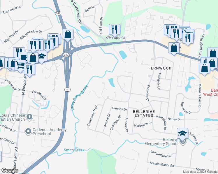 map of restaurants, bars, coffee shops, grocery stores, and more near 832 Wheaton Way in Creve Coeur