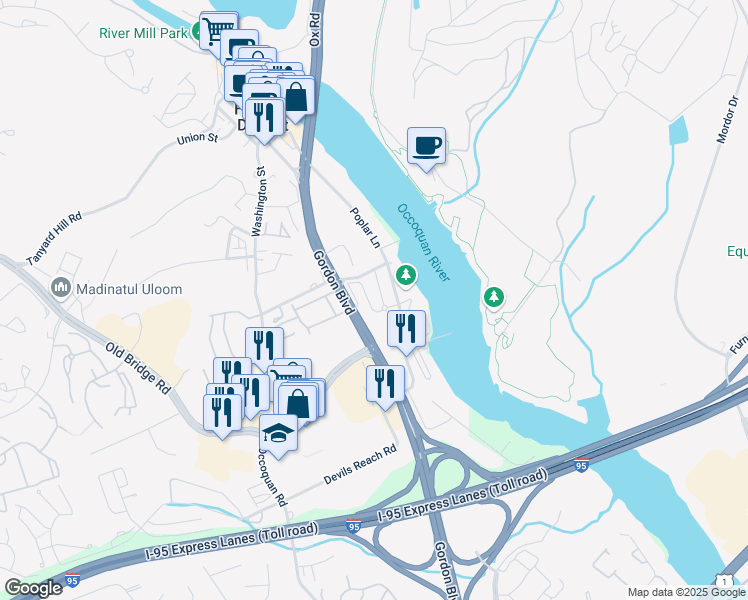 map of restaurants, bars, coffee shops, grocery stores, and more near 12709 Gordon Boulevard in Woodbridge