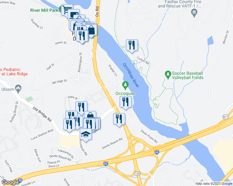 map of restaurants, bars, coffee shops, grocery stores, and more near 12709 Gordon Boulevard in Woodbridge