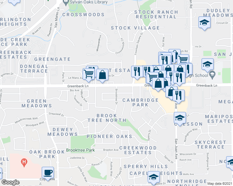 map of restaurants, bars, coffee shops, grocery stores, and more near Brooktree Drive & Peachtree Avenue in Citrus Heights
