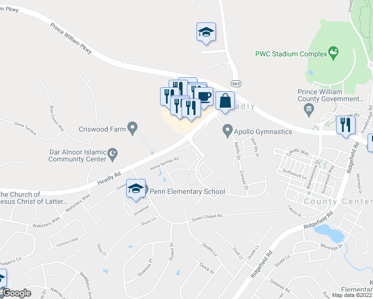 map of restaurants, bars, coffee shops, grocery stores, and more near 12708 Ridgefield Village Drive in Manassas
