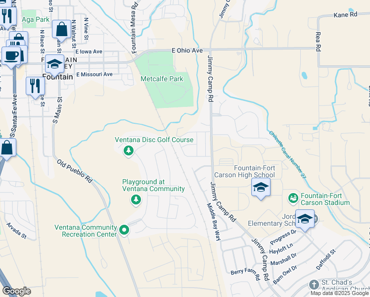 map of restaurants, bars, coffee shops, grocery stores, and more near 7333 Little Jimmy Grove in Fountain