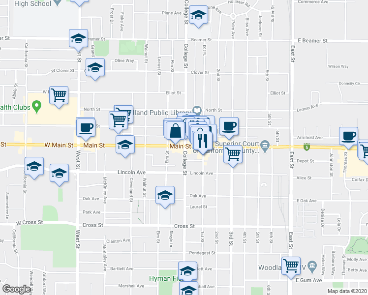 map of restaurants, bars, coffee shops, grocery stores, and more near 448 Main Street in Woodland