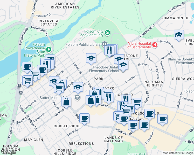 map of restaurants, bars, coffee shops, grocery stores, and more near 216 Persifer Street in Folsom