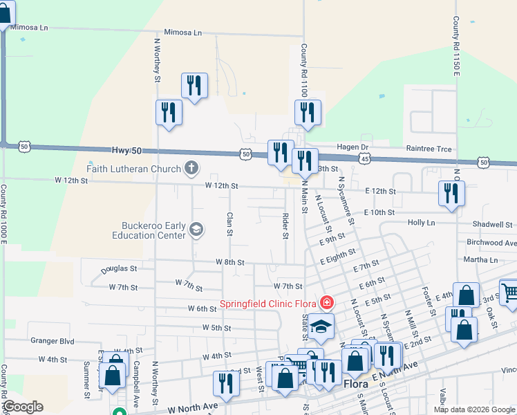 map of restaurants, bars, coffee shops, grocery stores, and more near 426 Hickory Street in Flora