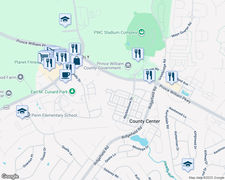 map of restaurants, bars, coffee shops, grocery stores, and more near 12807 Half Moon Lane in Woodbridge