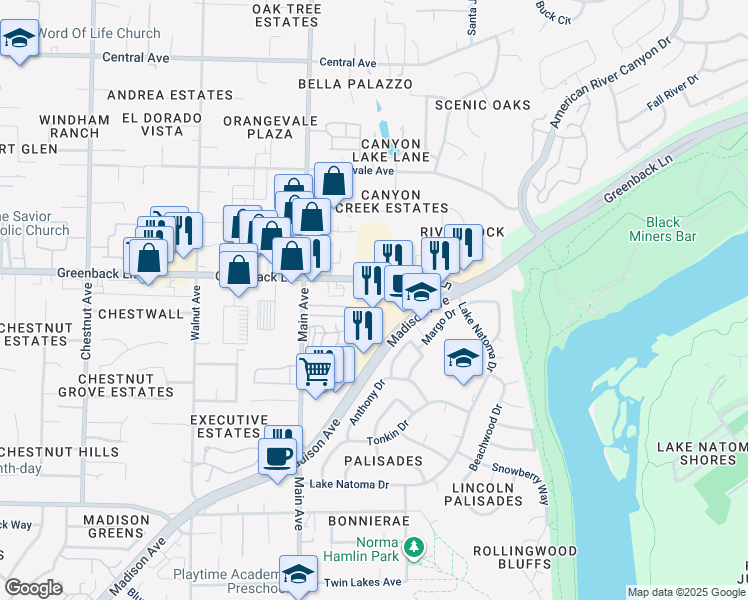 map of restaurants, bars, coffee shops, grocery stores, and more near 9500 Greenback Lane in Folsom