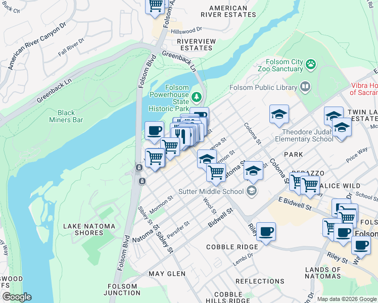 map of restaurants, bars, coffee shops, grocery stores, and more near in Folsom