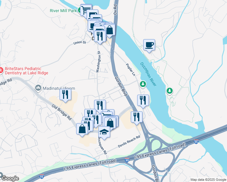 map of restaurants, bars, coffee shops, grocery stores, and more near 1422 Flagship Drive in Woodbridge