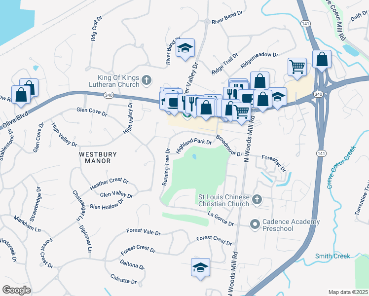 map of restaurants, bars, coffee shops, grocery stores, and more near 60 Highland Park Drive in Chesterfield