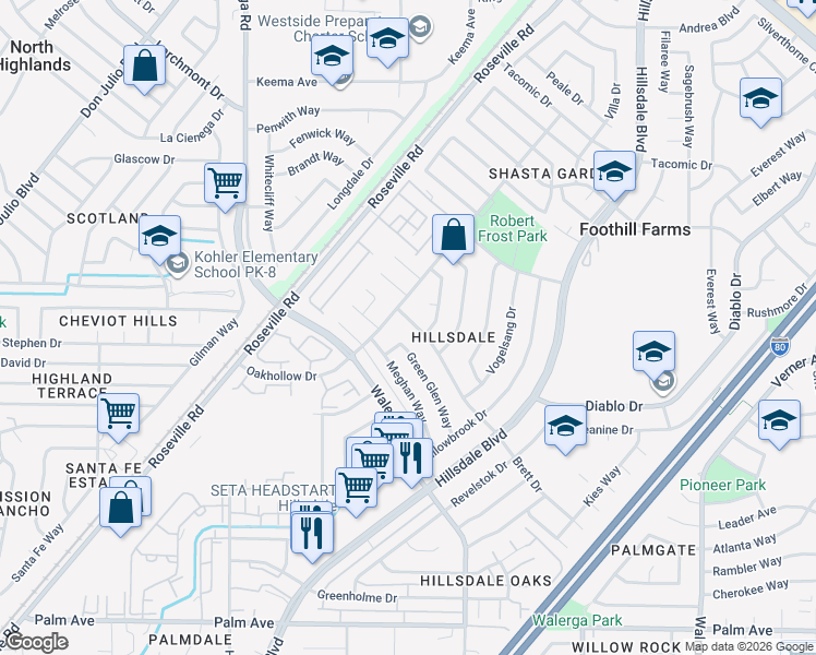 map of restaurants, bars, coffee shops, grocery stores, and more near 6025 Brett Drive in Sacramento